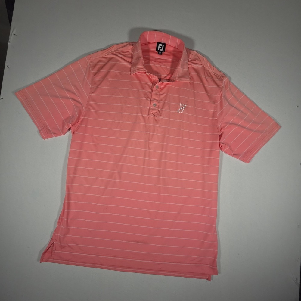 Footjoy Polo Shirt Mens Size‎ XL Coral Pink White Stripe Front back Logos